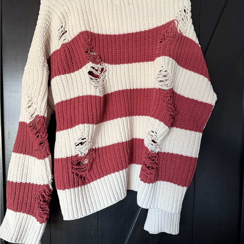 POL Red and Cream Distressed Striped Sweater
